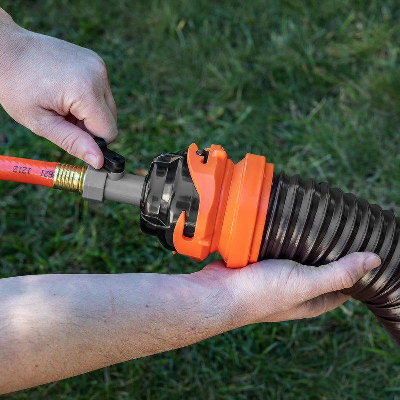 Camco RhinoFlex 10-Ft RV Clean-Out Gray/Black Water Hose with Rinser Cap | Features 4-Way Water Pressure Blaster & Water Shut-off Valve | Great for Cleaning Camper Black Water Tanks & More (22999) - Image 3